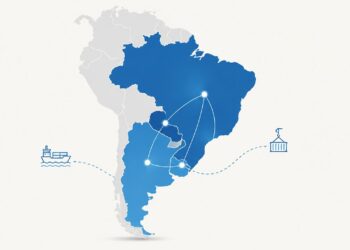 Ilustración minimalista de un mapa de Sudamérica con Brasil, Argentina, Paraguay y Uruguay resaltados en tonos azules, conectados por líneas que representan integración regional, comercio e intercambio económico dentro del MERCOSUR.