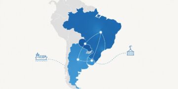 Ilustración minimalista de un mapa de Sudamérica con Brasil, Argentina, Paraguay y Uruguay resaltados en tonos azules, conectados por líneas que representan integración regional, comercio e intercambio económico dentro del MERCOSUR.