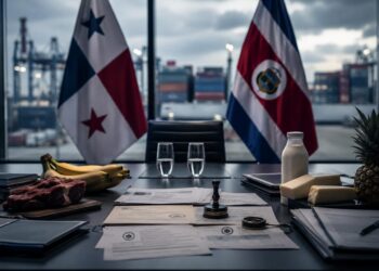 Mesa de negociación comercial entre Panamá y Costa Rica con documentos oficiales, banderas y contexto de disputa ante la OMC - Panamá y Costa Rica - Análisis Tu Política