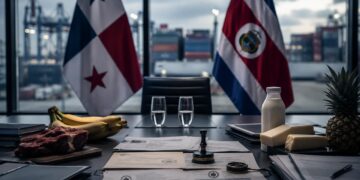 Mesa de negociación comercial entre Panamá y Costa Rica con documentos oficiales, banderas y contexto de disputa ante la OMC - Panamá y Costa Rica - Análisis Tu Política