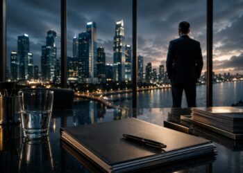 Ejecutivo observa el distrito financiero de Ciudad de Panamá desde una oficina corporativa moderna durante el atardecer, representando regulación financiera internacional, sustancia económica y presión reputacional global.
