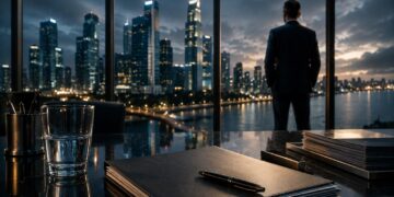 Ejecutivo observa el distrito financiero de Ciudad de Panamá desde una oficina corporativa moderna durante el atardecer, representando regulación financiera internacional, sustancia económica y presión reputacional global.